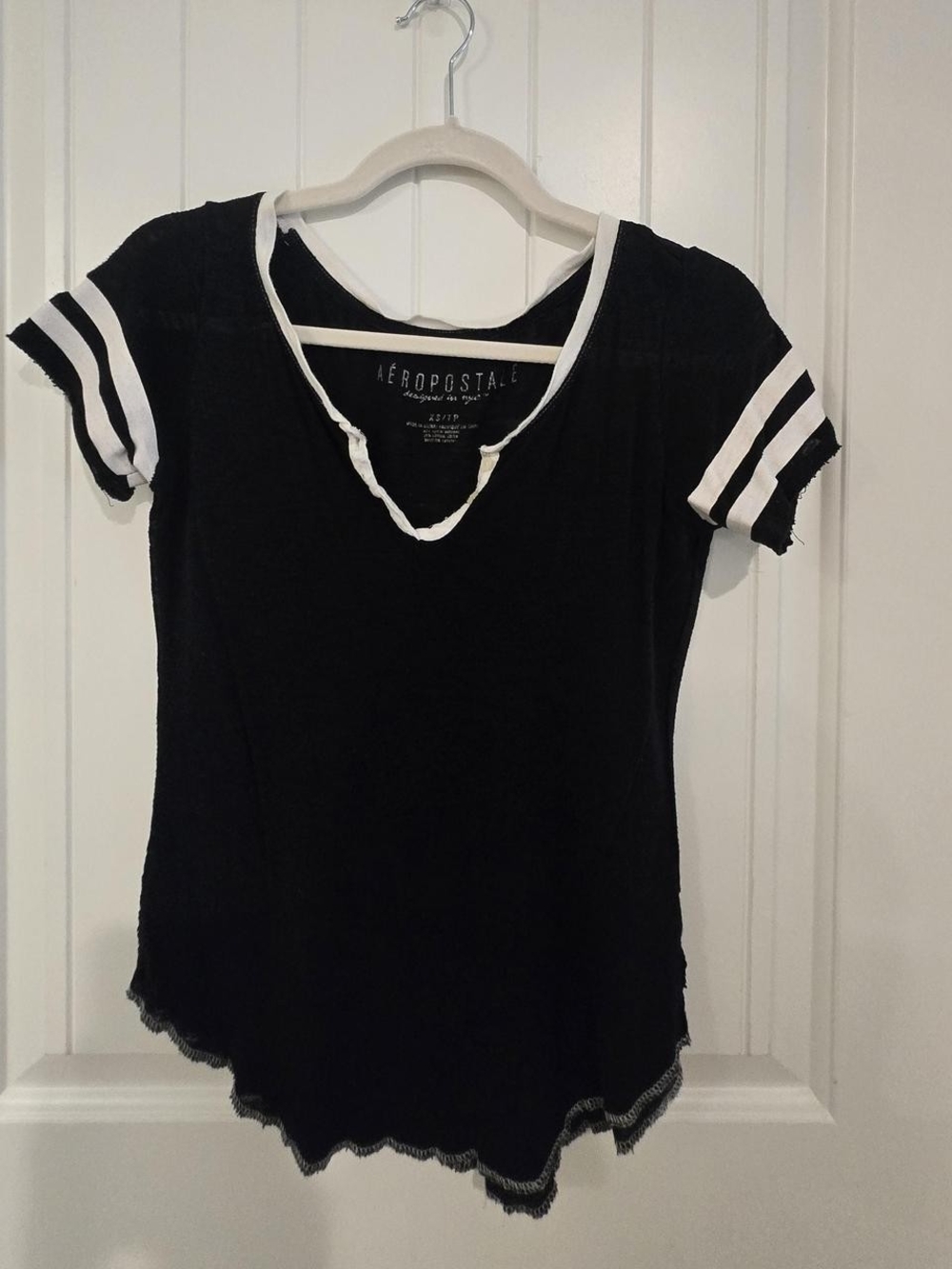 Aeropostale Black Short Sleeve V-Neck Tee with White Stripe Accents